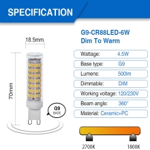 AC 230V G9 LED 4.5W 400-450lm Dim to warm 3000k-1800k Light Bulb leds